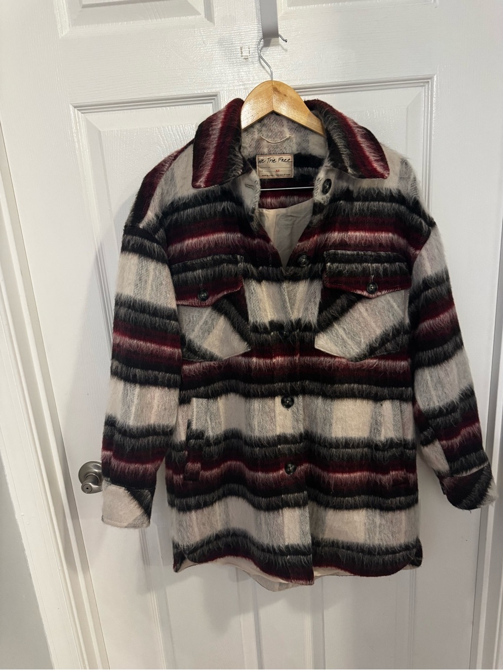 We The Free Plaid Utility Shacket in Burgundy, Black & Cream